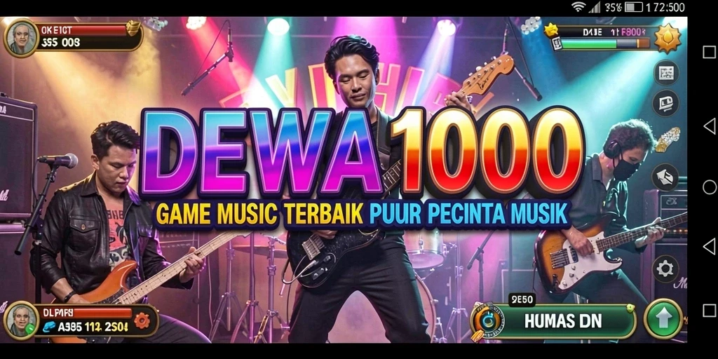 Screenshot gameplay DEWA1000 menunjukkan pemain asyik bermain sambil mendengarkan musik.