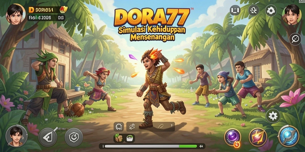 Tampilan gameplay DORA77 menunjukkan interaksi antar karakter dan lingkungan.