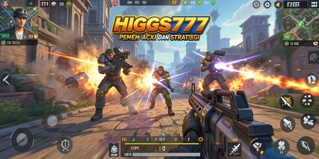Gameplay HIGGS777 yang mendebarkan dengan aksi tembak-menembak.